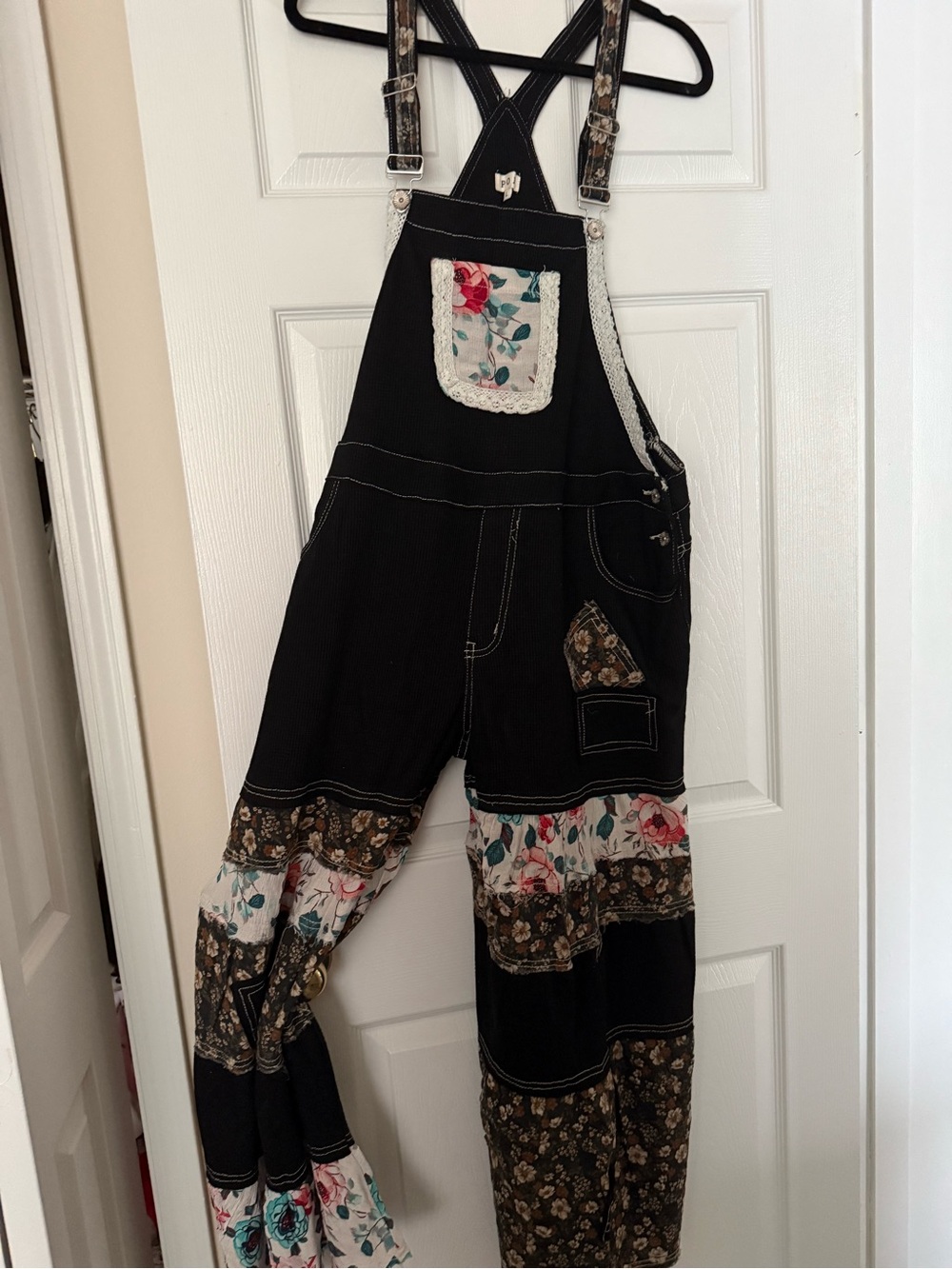 POL Black Overalls with Floral Patchwork